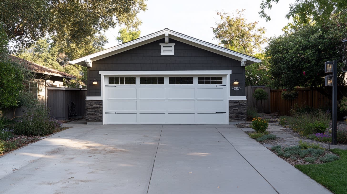 Two-car garage with a white paneled door on a suburban home