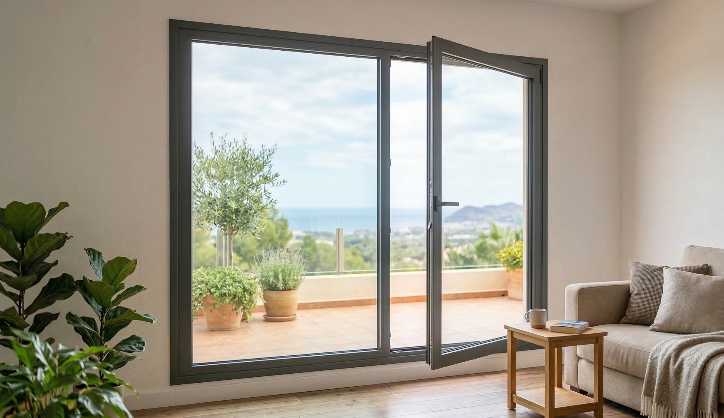 Large sliding glass door open onto a terrace in a living room