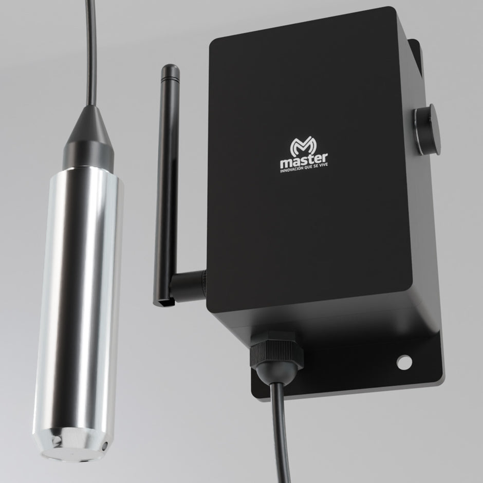 Wireless water leak sensor with a probe hanging next to its wall-mounted control unit
