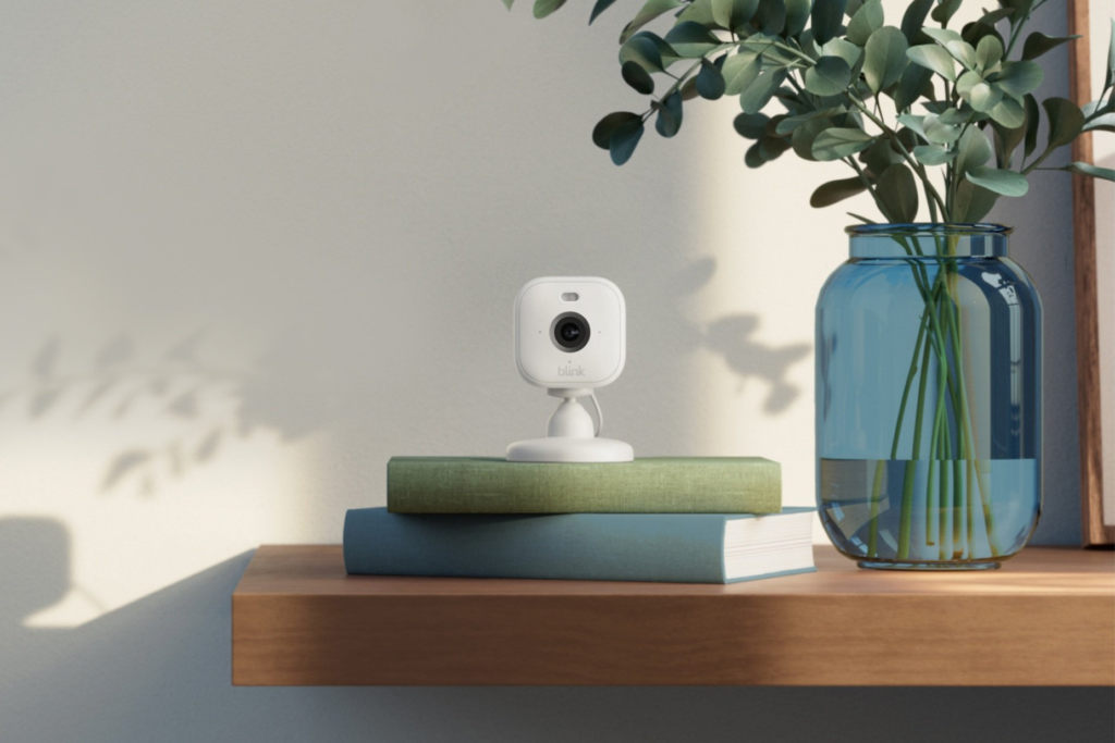 Blink Mini HomeKit 2024 – compact security camera on books with flowers, featuring HD video, motion detection, and HomeKit integration.