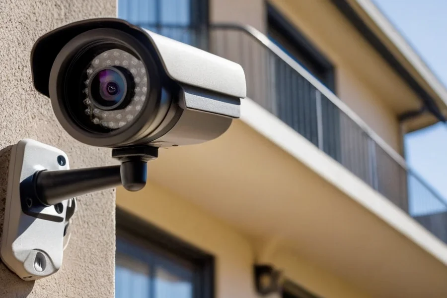 How to Power Outdoor Security Camera: Outdoor security camera mounted on the exterior wall of a modern building, capturing a clear view of how to power and position an outdoor security camera for optimal surveillance.