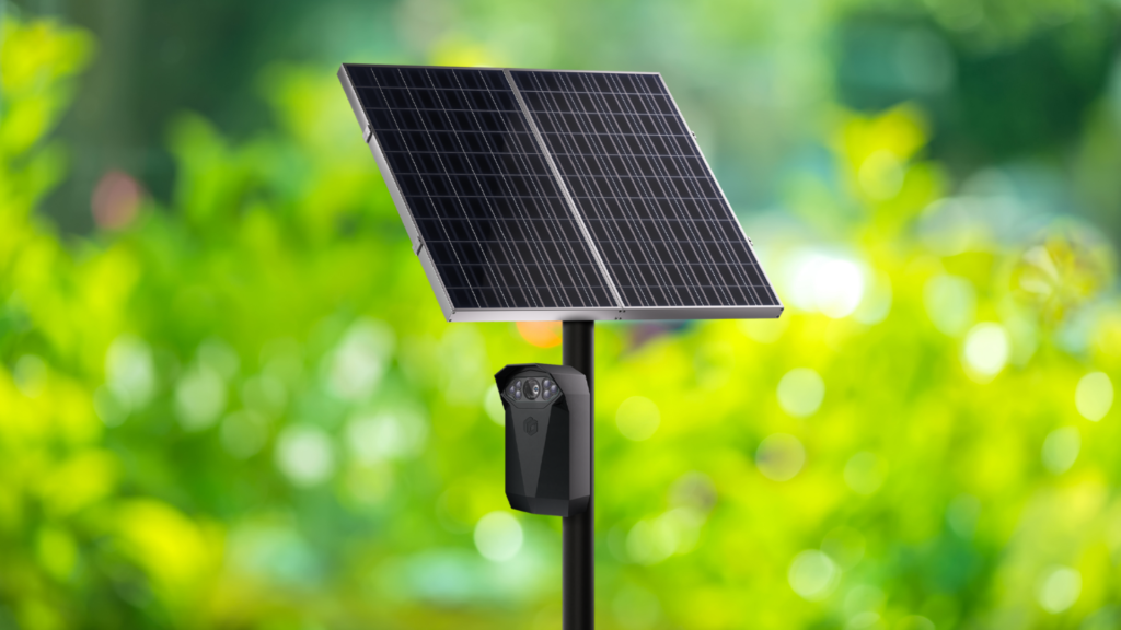 How to Power Outdoor Security Camera: Solar-powered security camera mounted on an outdoor wall, utilizing solar panels for continuous power in a home surveillance setup.